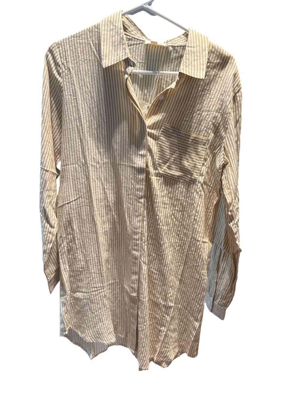 orange creek Men's Beige and White Stripe Button-Down Shirt